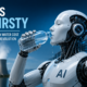 Humanoid robot drinking water, illustrating the hidden water consumption and cooling requirements of artificial intelligence data centers.