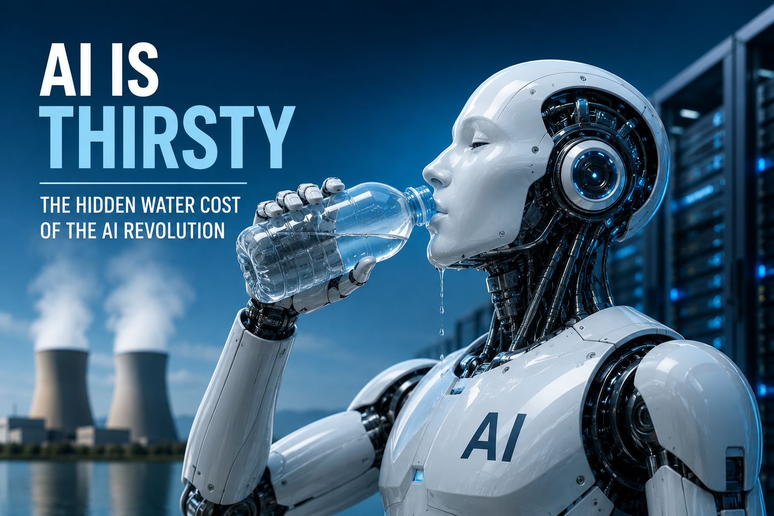 Humanoid robot drinking water, illustrating the hidden water consumption and cooling requirements of artificial intelligence data centers.
